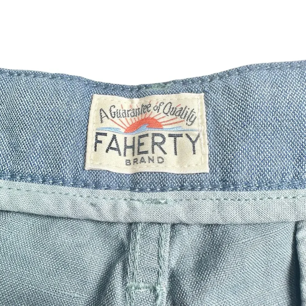 Faherty | Men | Malibu Teal Linen Cotton Blend Flat Front Chino Shorts | Size 40